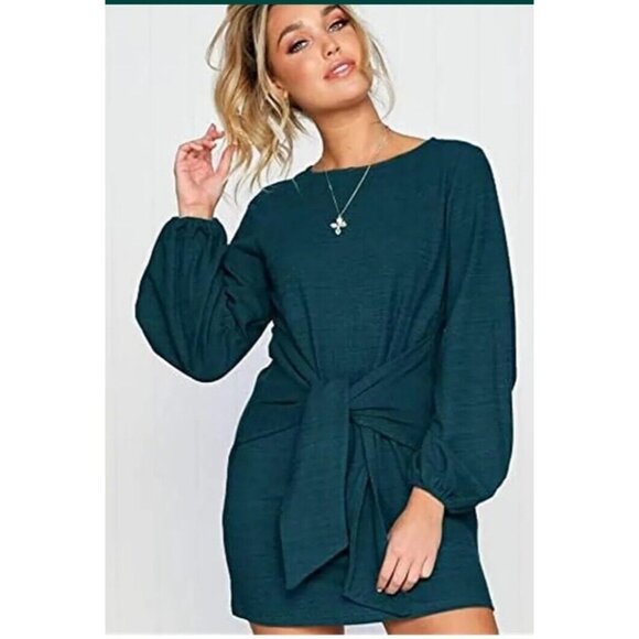 PRETTYGARDEN Dresses & Skirts - PRETTYGARDEN Womens L Elegant Long Lantern Sleeve Short Dress Crewneck Tie Waist